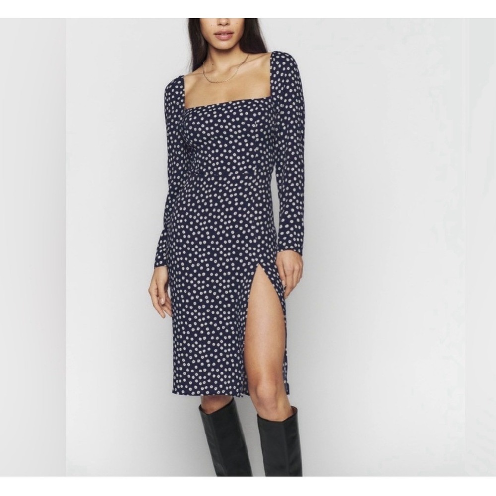 Reformation Peyton Long Sleeve Flower Dress 6 Navy Blue Front Slit Square Neck